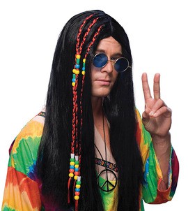 schwarze Hippie Perücke Flower Power Karneval 70er Jahre Party